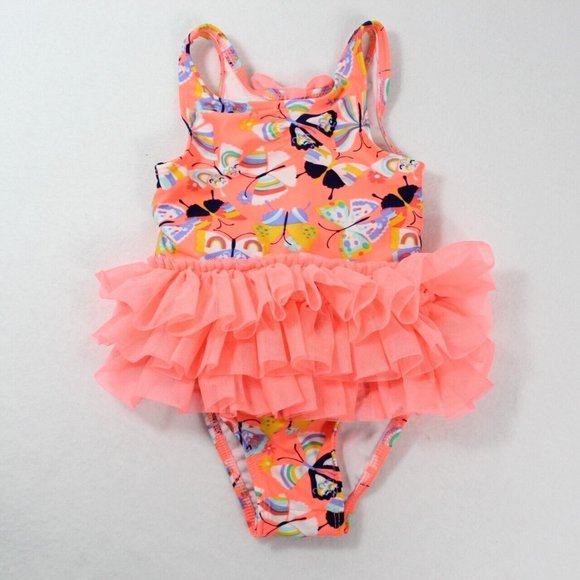 Cat & Jack One Piece Baby Girl Swimsuit Size 18 M Neon Orange Butterflies - Picture 1 of 6
